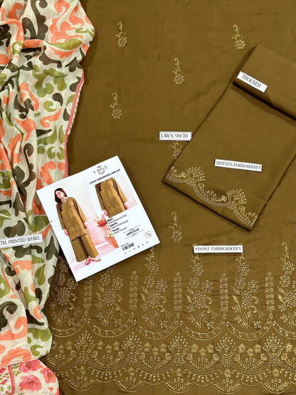 Brown Chikankari Embroidered 3-Piece Lawn Suit with Printed Diamond Dupatta .