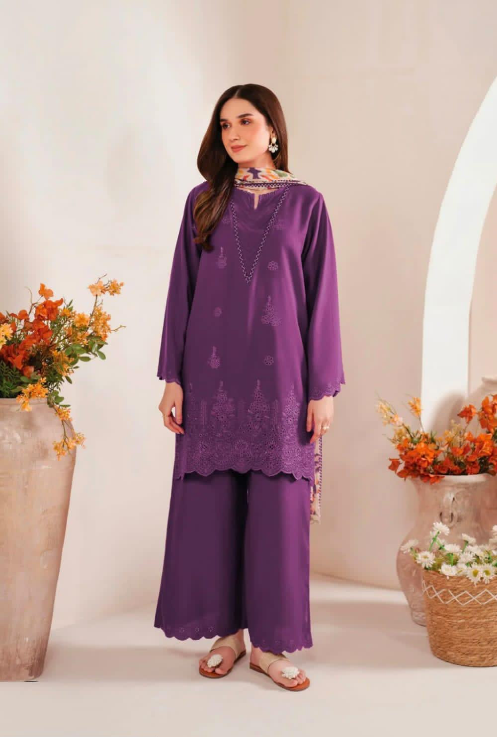 Magenta Chikankari Embroidered 3-Piece Lawn unstitched Suit with Printed Diamond Dupatta .