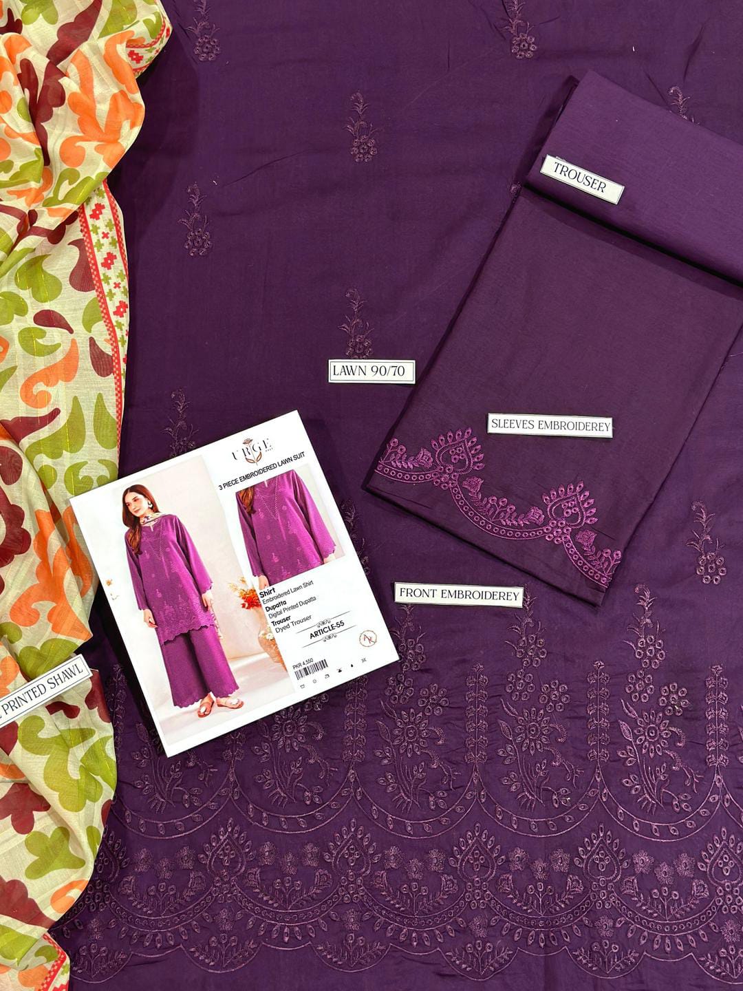Magenta Chikankari Embroidered 3-Piece Lawn unstitched Suit with Printed Diamond Dupatta .