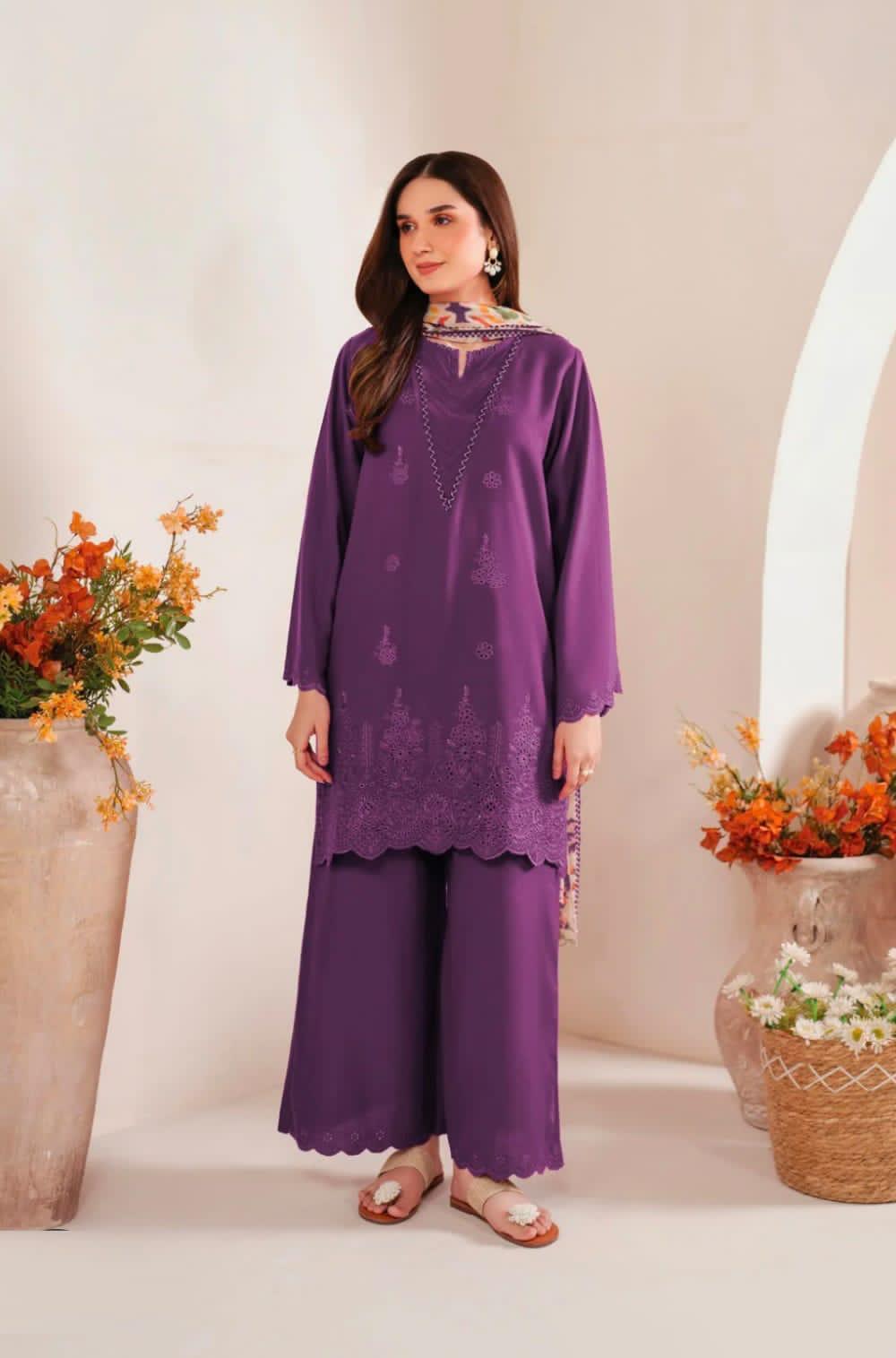 Magenta Chikankari Embroidered 3-Piece Lawn unstitched Suit with Printed Diamond Dupatta .