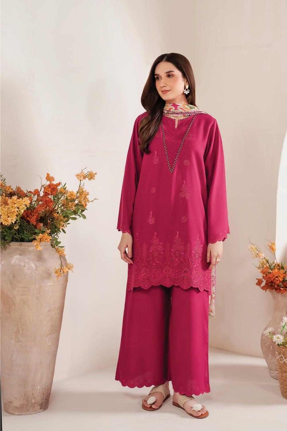 Pink Chikankari Embroidered Lawn Suit – 3-Piece Unstitched Summer Outfit for Women .