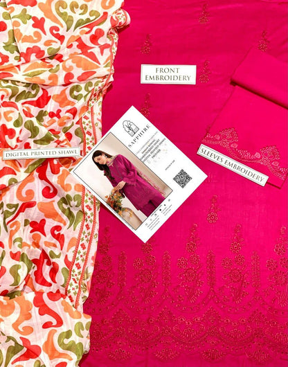 Pink Chikankari Embroidered Lawn Suit – 3-Piece Unstitched Summer Outfit for Women .