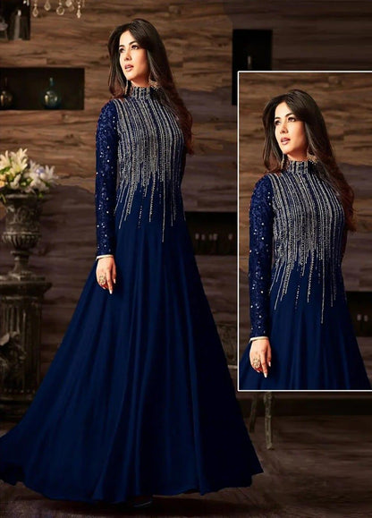 Blue & Green Sequins Embroidered Chiffon Maxi 3-Piece Unstitched Formal Dress for Women.