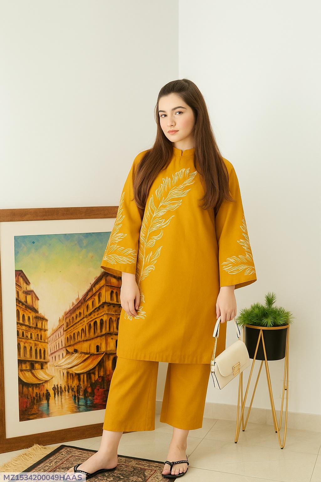 Mustard Cotton Embroidered 2-Piece Suit – Ready-to-Wear Casual Outfit for Women .