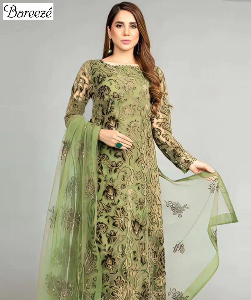 Elegant Green Embroidered Lawn Suit – 3 Piece Unstitched