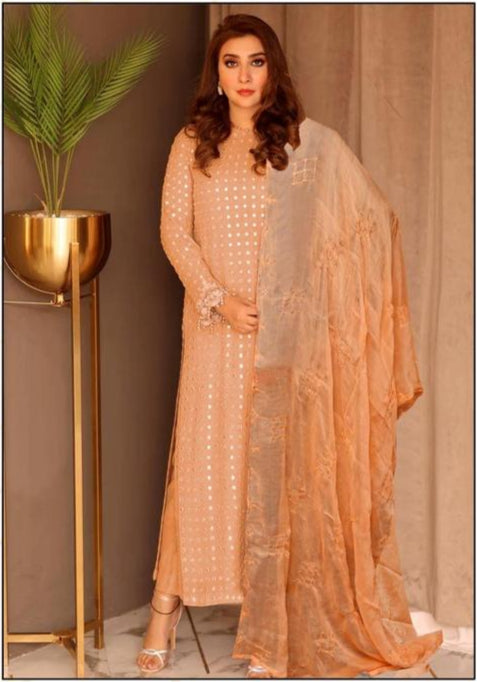 Peach Sequin Embroidered Lawn Suit – 3 Piece Unstitched .