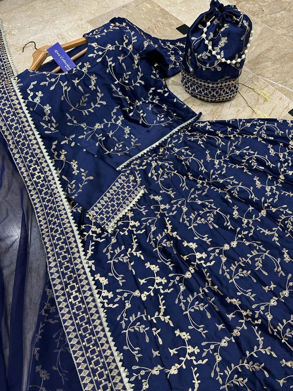 Navy Blue 3-Piece Embroidered Silk Maxi Dress