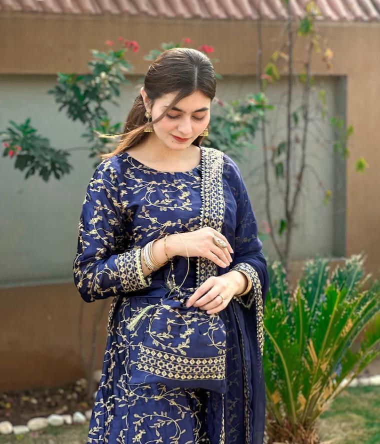 Navy Blue 3-Piece Embroidered Silk Maxi Dress