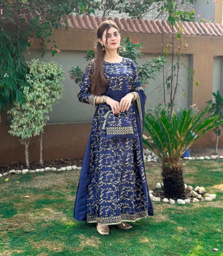 Navy Blue 3-Piece Embroidered Silk Maxi Dress