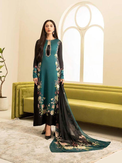 Navy Blue Embroidered Silk 4-Piece Dress