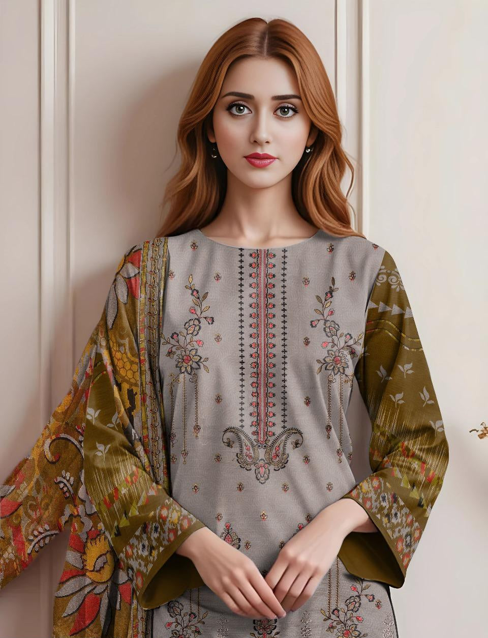 Green Embroidered Dobby Lawn 3-Piece Unstitched Suit with Printed Shirt & Embroidered Dupatta