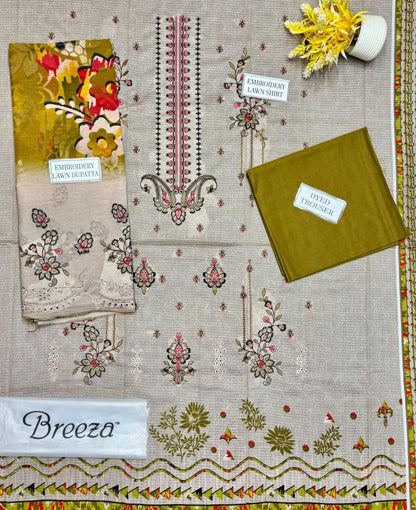 Green Embroidered Dobby Lawn 3-Piece Unstitched Suit with Printed Shirt & Embroidered Dupatta