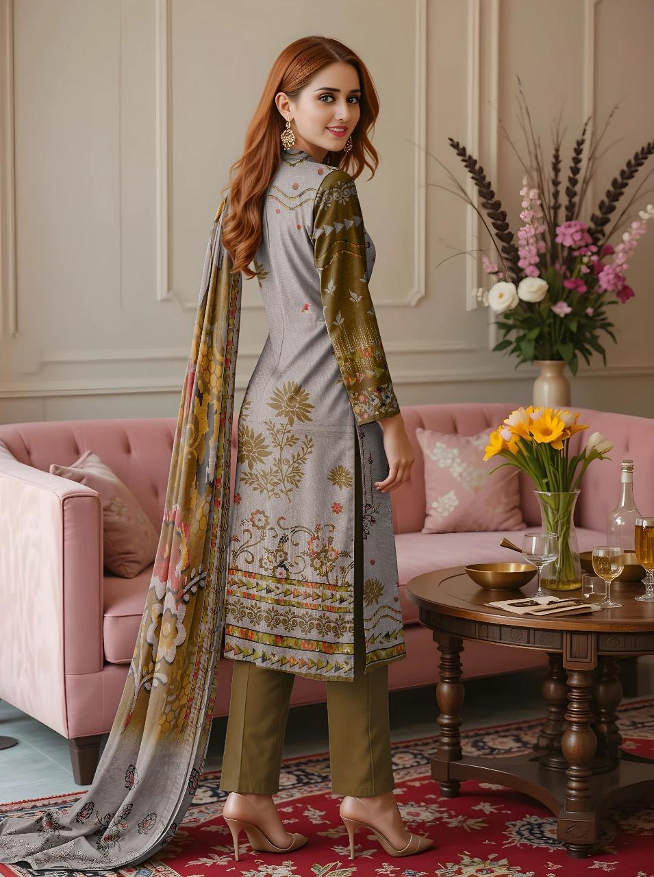 Green Embroidered Dobby Lawn 3-Piece Unstitched Suit with Printed Shirt & Embroidered Dupatta