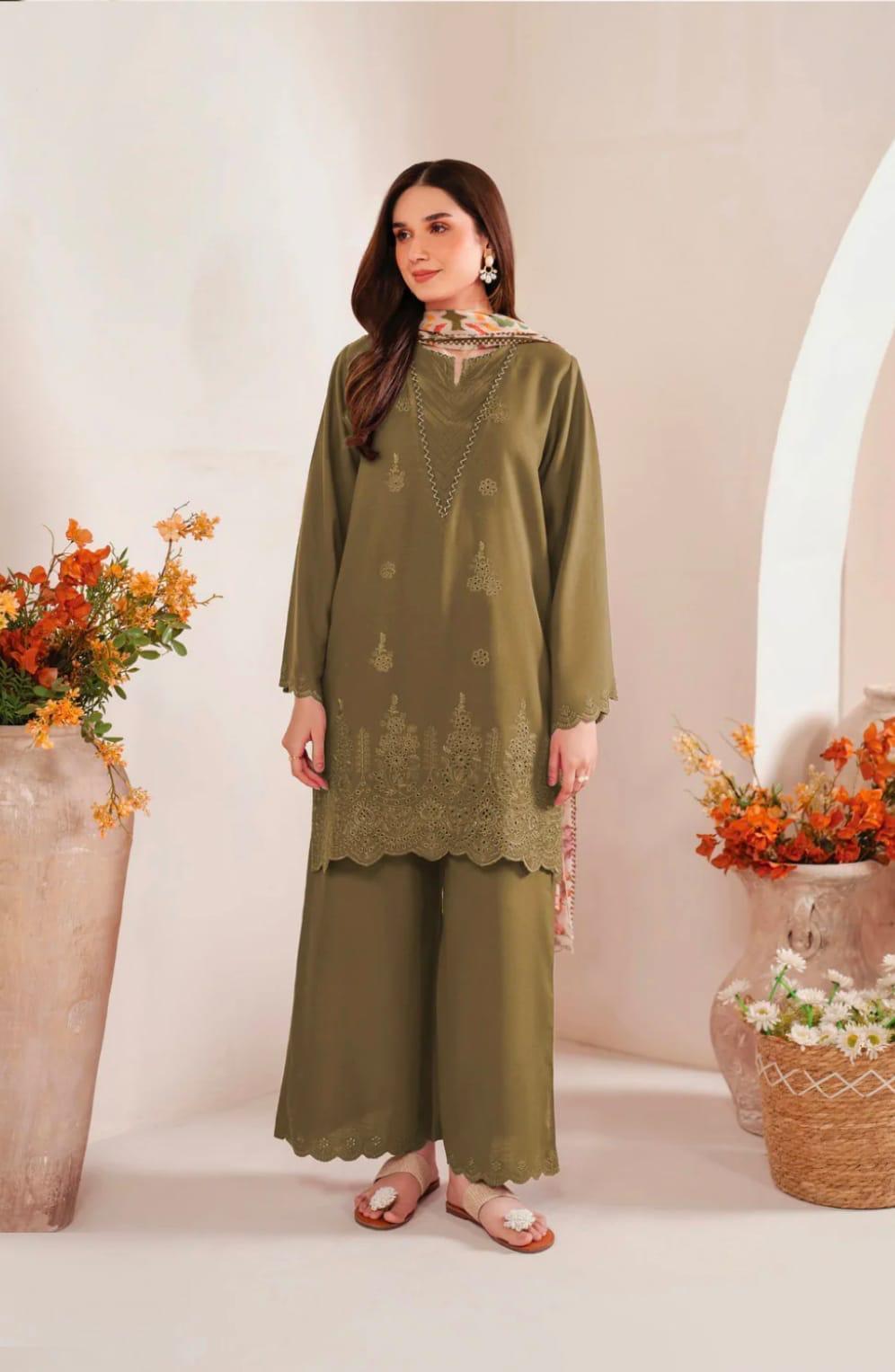 Brown Chikankari Embroidered 3-Piece Lawn Suit with Printed Diamond Dupatta .