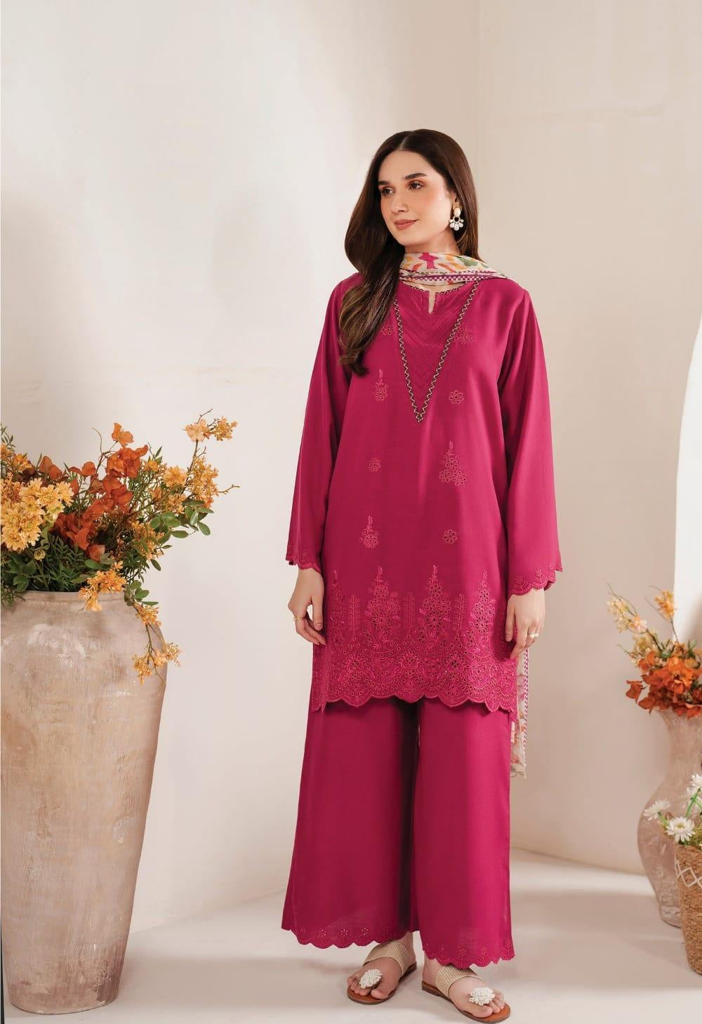 Pink Chikankari Embroidered Lawn Suit – 3-Piece Unstitched Summer Outfit for Women .