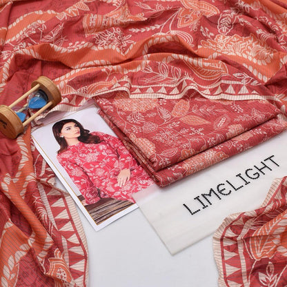 Red Printed Lawn 3-Piece Unstitched Suit .