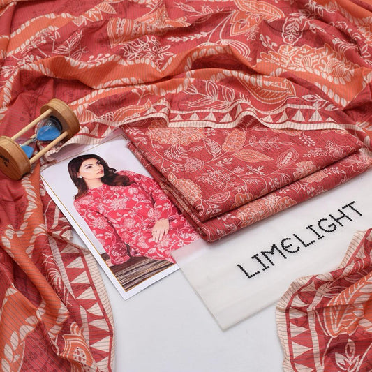 Red Printed Lawn 3-Piece Unstitched Suit .