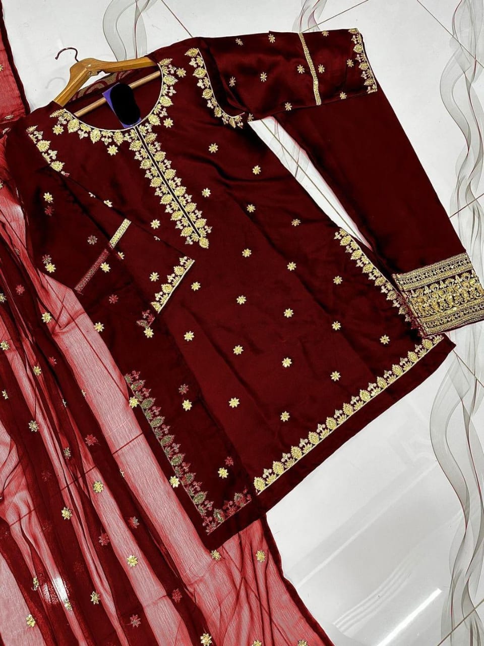 Black Embroidered Shamoz Silk 3-Piece Suit