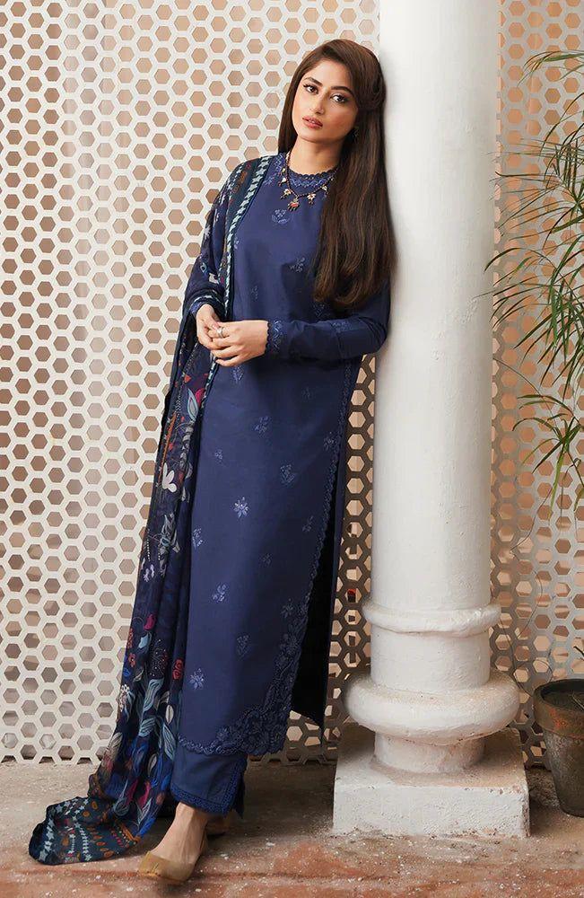 3-Piece Embroidered Lawn Suit with Digital Printed Dupatta – Classic Blue .