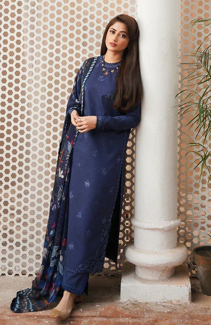 3-Piece Embroidered Lawn Suit with Digital Printed Dupatta – Classic Blue .