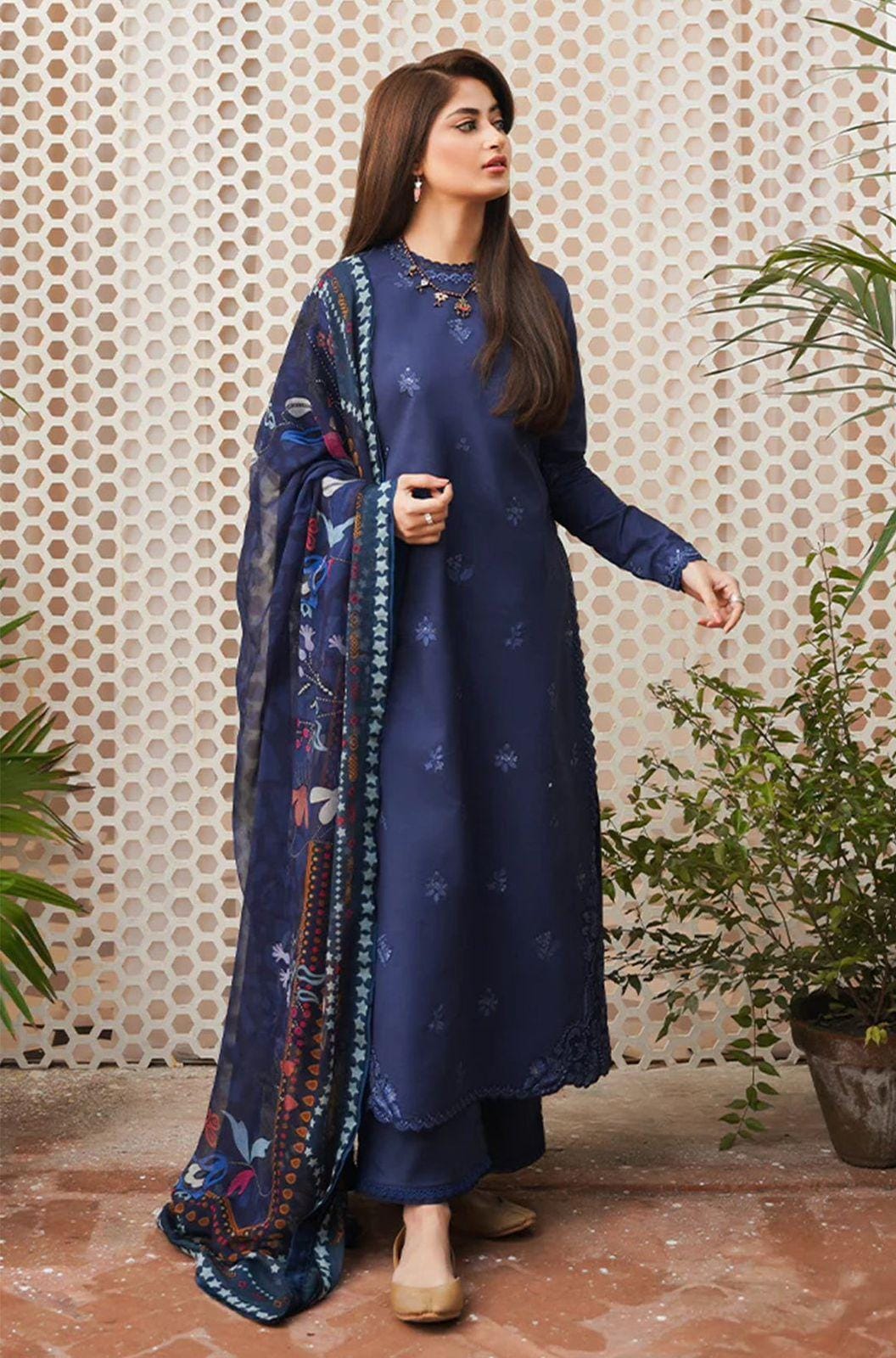 3-Piece Embroidered Lawn Suit with Digital Printed Dupatta – Classic Blue .