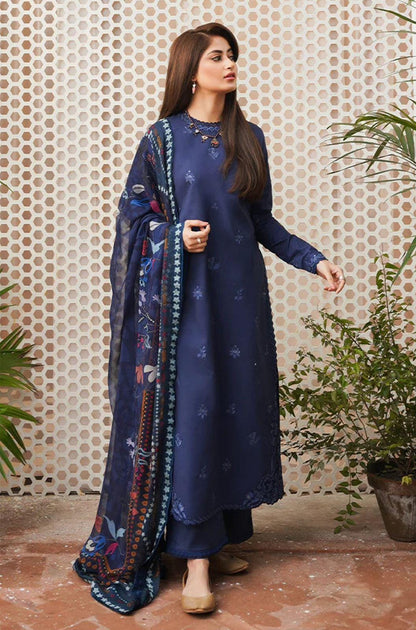 3-Piece Embroidered Lawn Suit with Digital Printed Dupatta – Classic Blue .