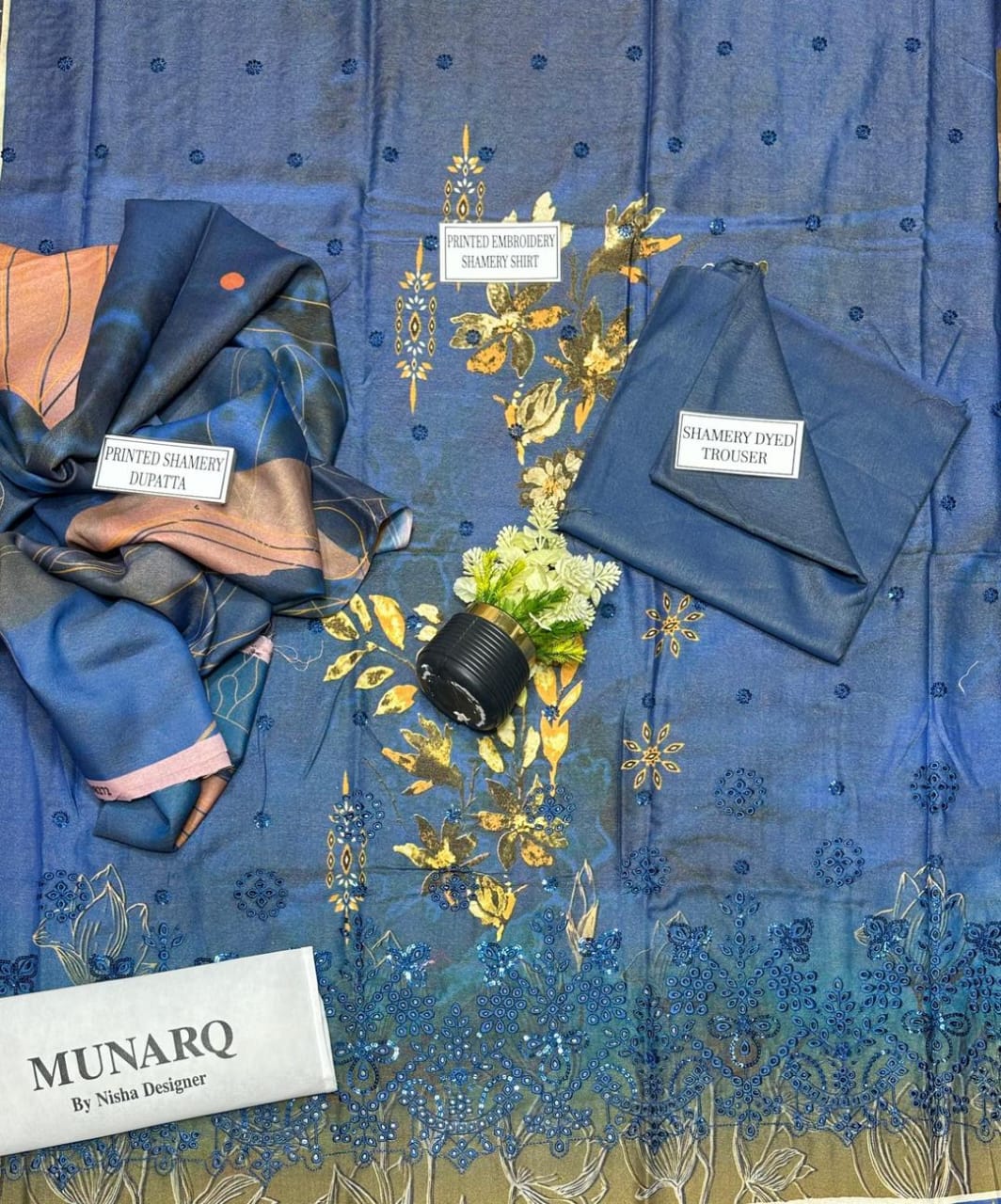 3-Piece Shamery Embroidered Suit with Printed Dupatta – Elegant Blue .