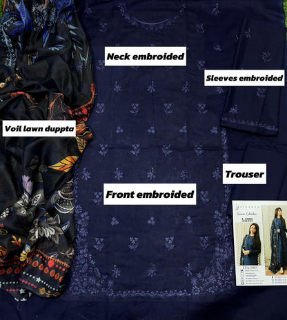 3-Piece Embroidered Lawn Suit with Digital Printed Dupatta – Classic Blue .
