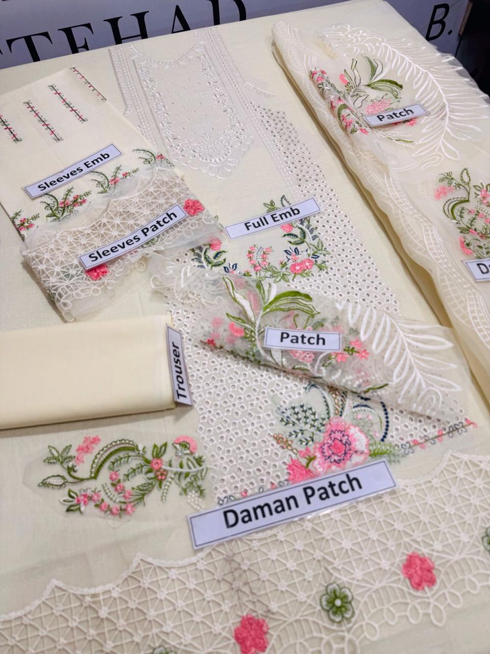 Off-White Chikankari Embroidered Lawn 3-Piece Unstitched Suit with Organza Dupatta .