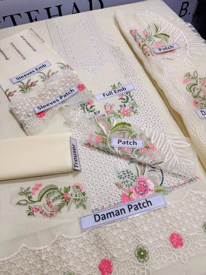 Off-White Chikankari Embroidered Lawn 3-Piece Unstitched Suit with Organza Dupatta .
