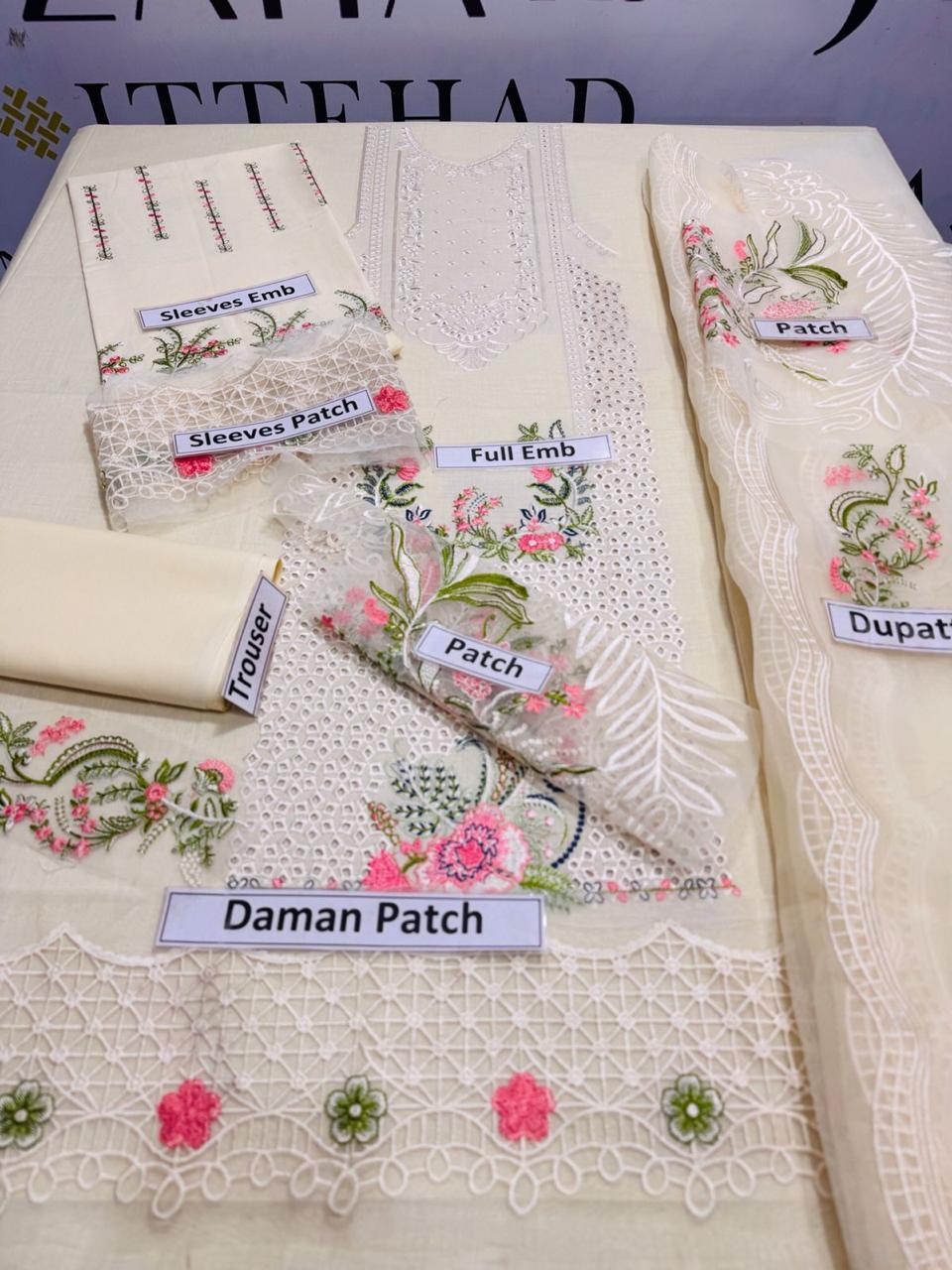 Off-White Chikankari Embroidered Lawn 3-Piece Unstitched Suit with Organza Dupatta .