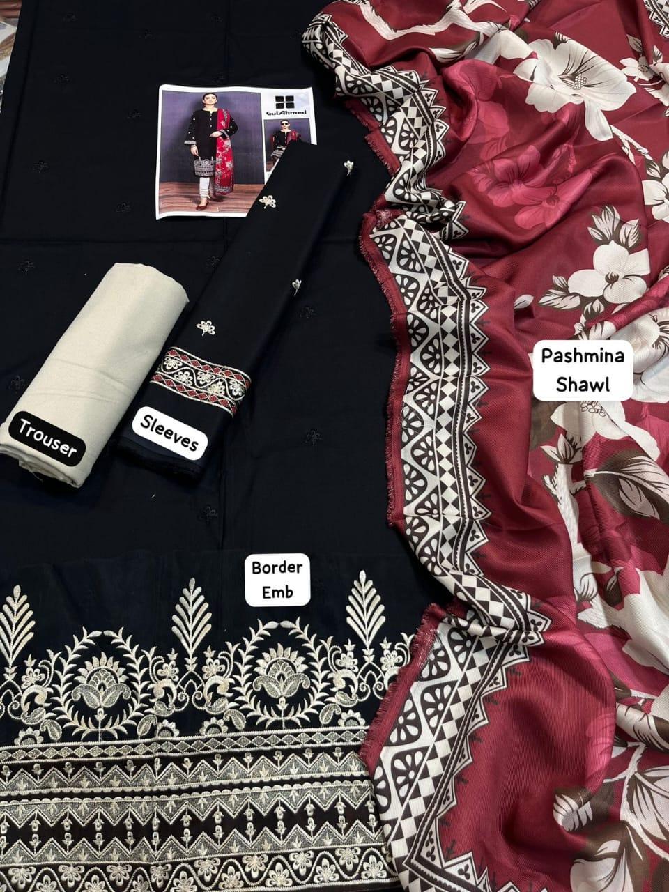 Black Embroidered 3-Piece Unstitched Dhanak Suit with Digital Printed Marina Dupatta