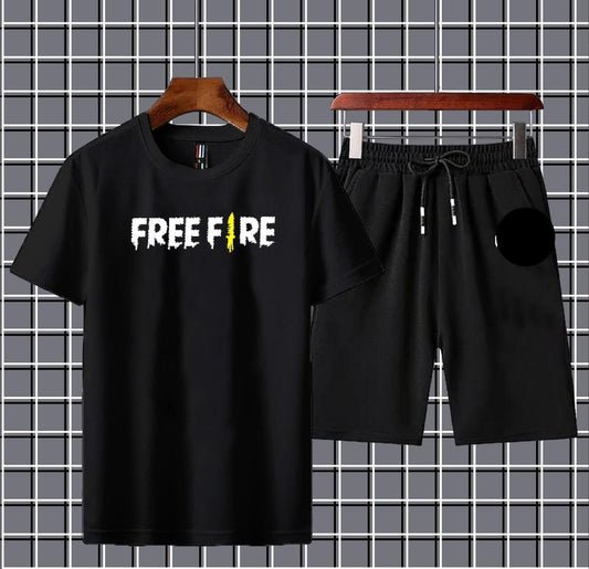 Printed Tracksuit Set – T-Shirt & Shorts | Micro Interlock Fabric | Black