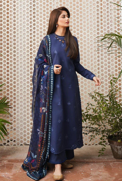 3-Piece Embroidered Lawn Suit with Digital Printed Dupatta – Classic Blue .