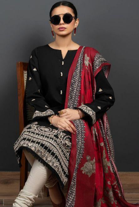 Black Embroidered 3-Piece Unstitched Dhanak Suit with Digital Printed Marina Dupatta