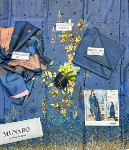 3-Piece Shamery Embroidered Suit with Printed Dupatta – Elegant Blue .