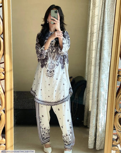 2-Piece Swiss Lawn Digital Printed Co-ord Set – Elegant White .