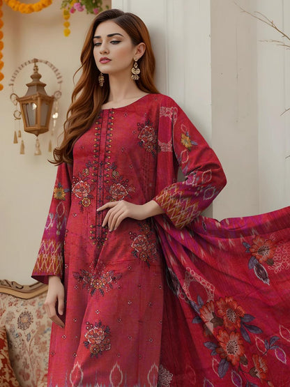 Red Embroidered Dobby Lawn 3-Piece Suit – Unstitched Premium Collection