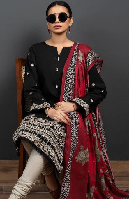 Black Embroidered 3-Piece Unstitched Dhanak Suit with Digital Printed Marina Dupatta