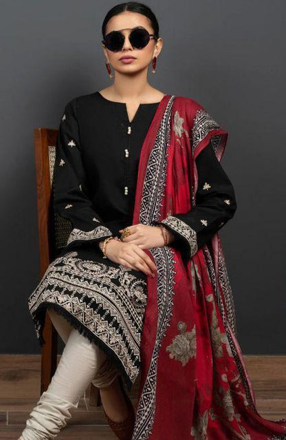Black Embroidered 3-Piece Unstitched Dhanak Suit with Digital Printed Marina Dupatta