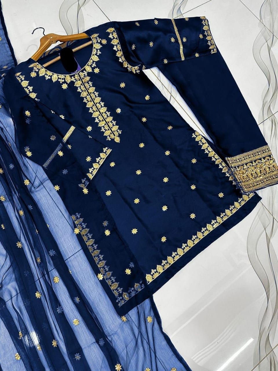 Black Embroidered Shamoz Silk 3-Piece Suit