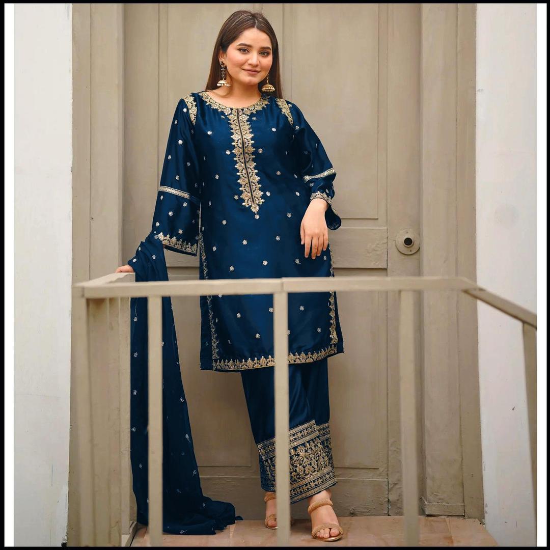 Black Embroidered Shamoz Silk 3-Piece Suit
