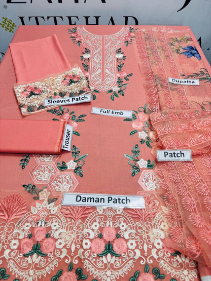Pink Chikankari Embroidered Lawn 3-Piece Unstitched Suit with Digital Printed Diamond Dupatta .