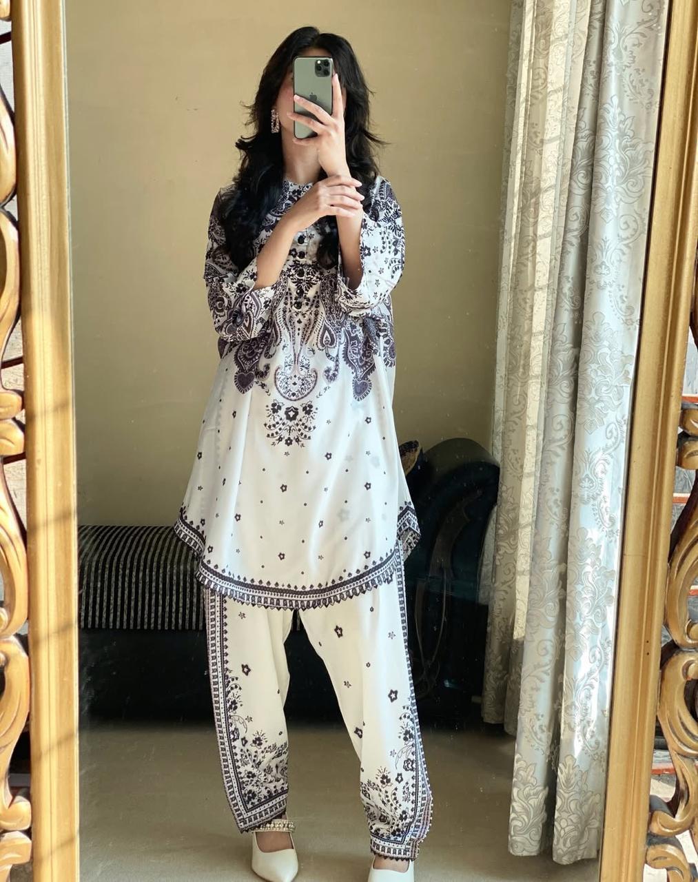 2-Piece Swiss Lawn Digital Printed Co-ord Set – Elegant White .